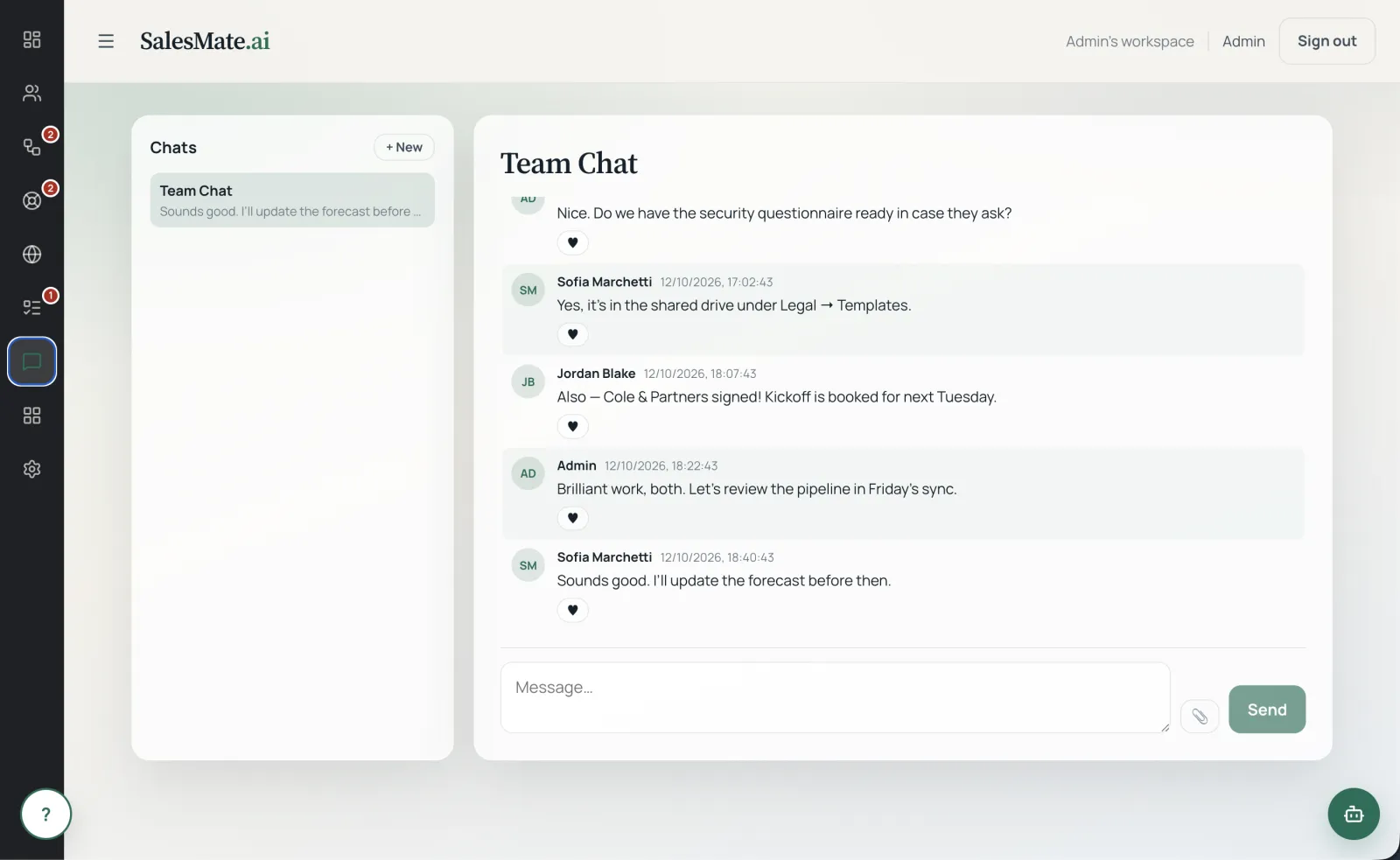 SalesMate built-in team chat