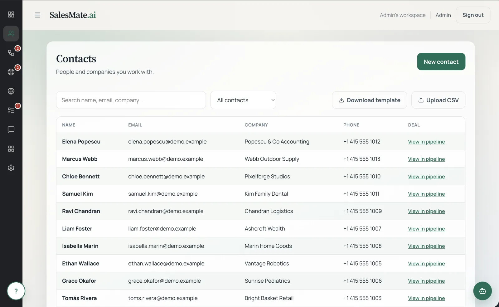 SalesMate contacts list with names, companies and phone numbers