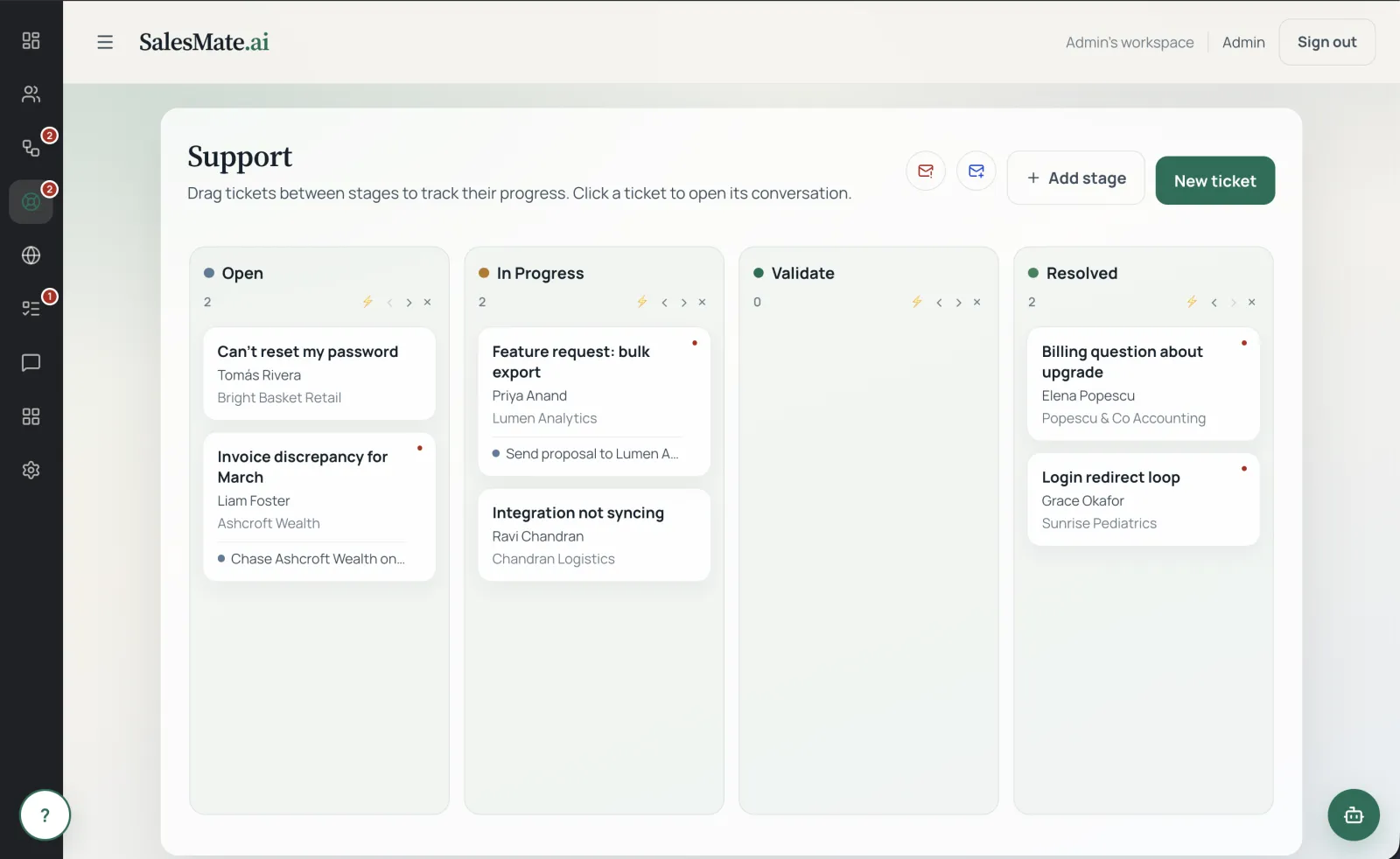 SalesMate support board with tickets in Open, In Progress and Resolved