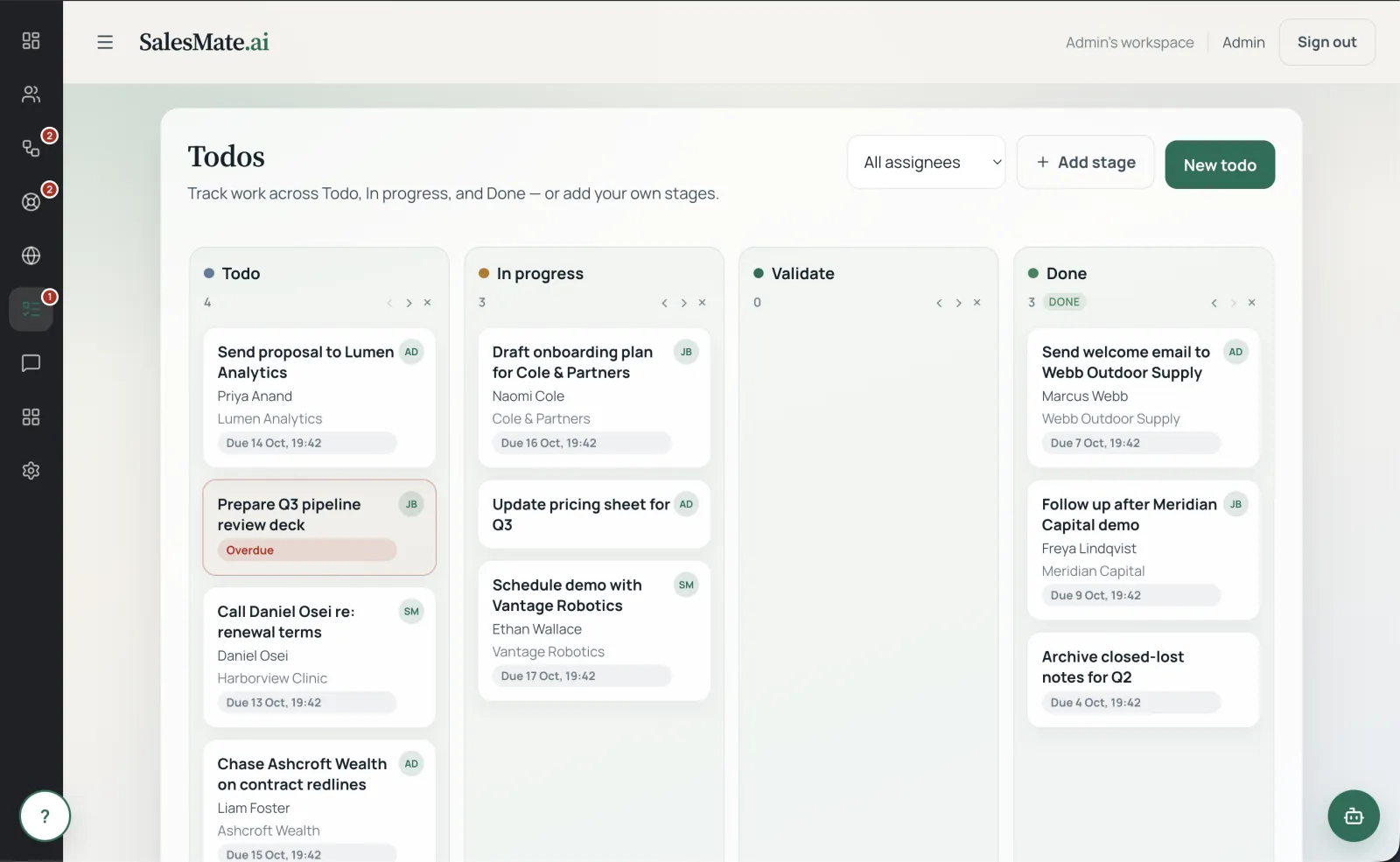 SalesMate to-do board with Todo, In progress and Done columns