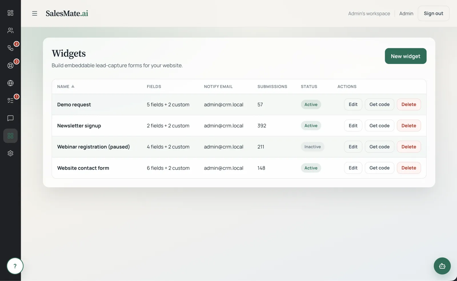 SalesMate website widgets list showing lead-capture forms and submission counts